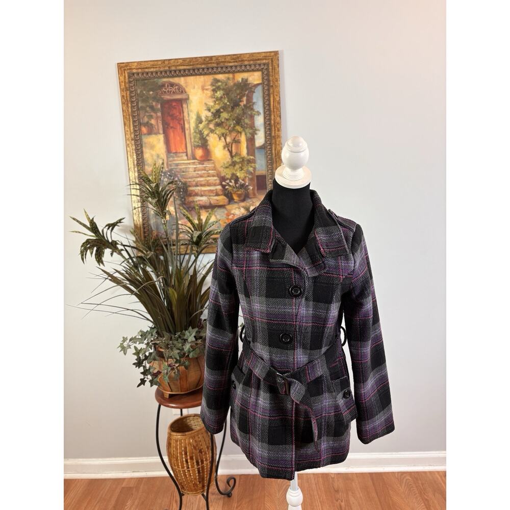 Say What Pea Coat Women L Blended Wool 3 Button Front Long Sleeve Plaid Belted